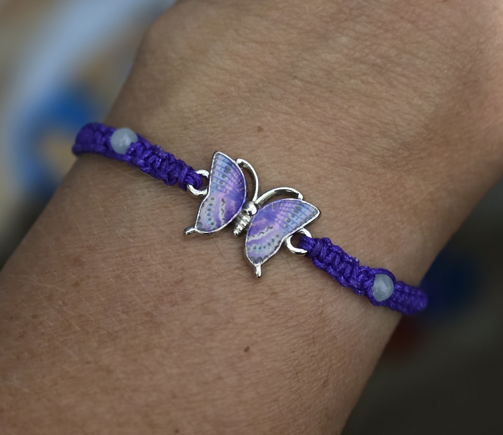 Hand Made Purple Adjustable Cord Charm Bracelet w/ Silver Enamel Butterfly gallery