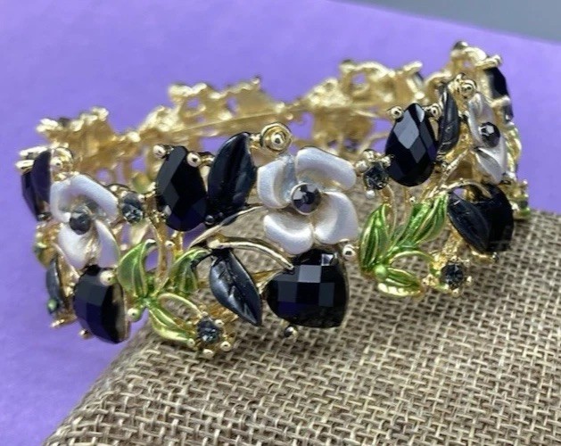 JOAN RIVERS BLACK SWARVOSKI CRYSTAL ENAMEL FLOWER MAGNETIC BRACELET NIB gallery