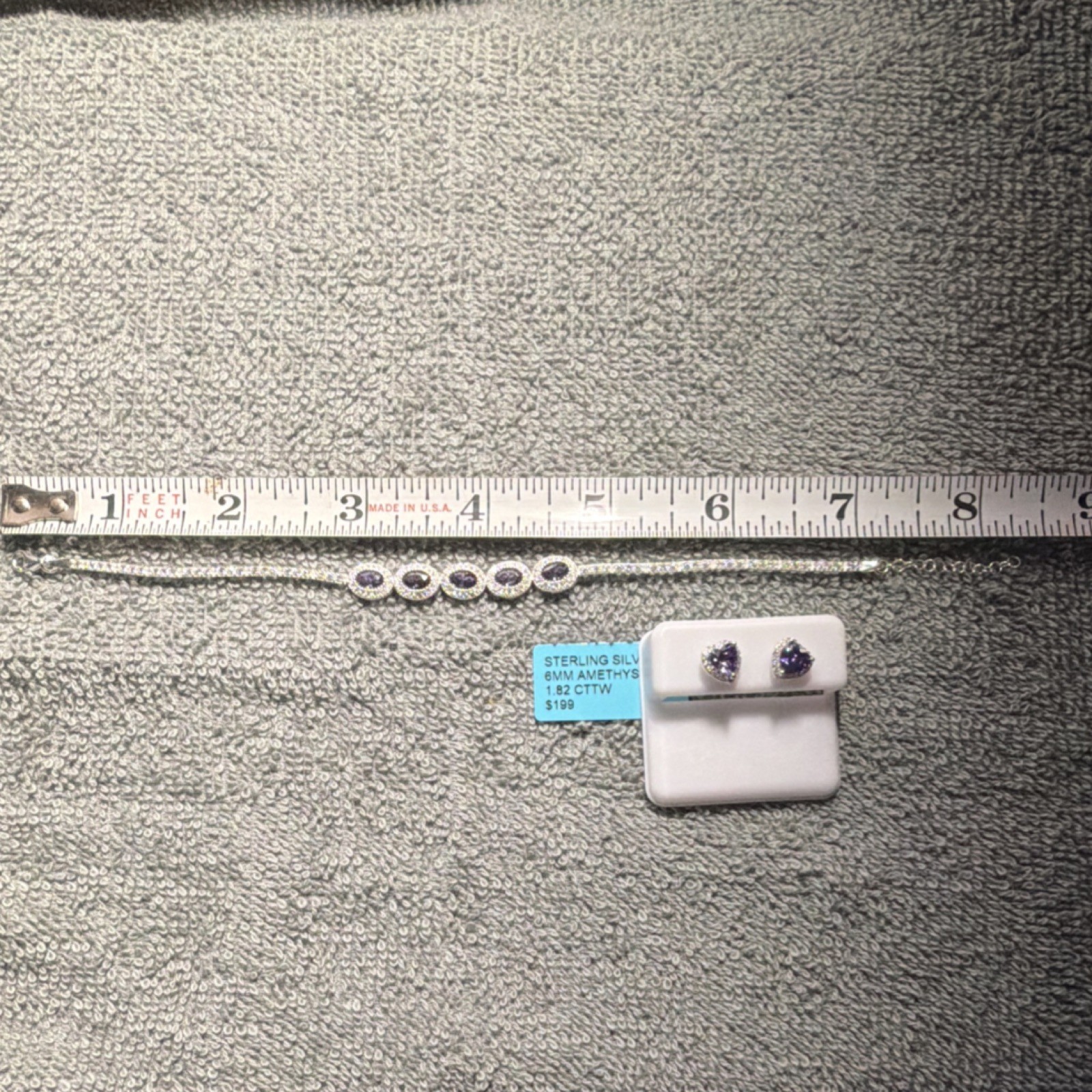 925 Sterling Silver Amethyst Halo Tennis Bracelet 8in Box Clasp 5 Stones gallery