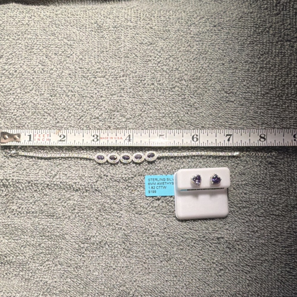 925 Sterling Silver Amethyst Halo Tennis Bracelet 8in Box Clasp 5 Stones