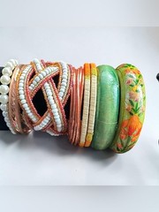 Boho Artisan Bangle Bracelet Set Glass Bead Wood Painted Metallic Stack Mixed