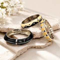 Vintage Enamel Bangle Bracelet Trio Art Deco Black Cream Silver Set OS