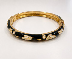 Black/Gold Tone Enamel Hinged Bangle Bracelet Round Shape-Made in India