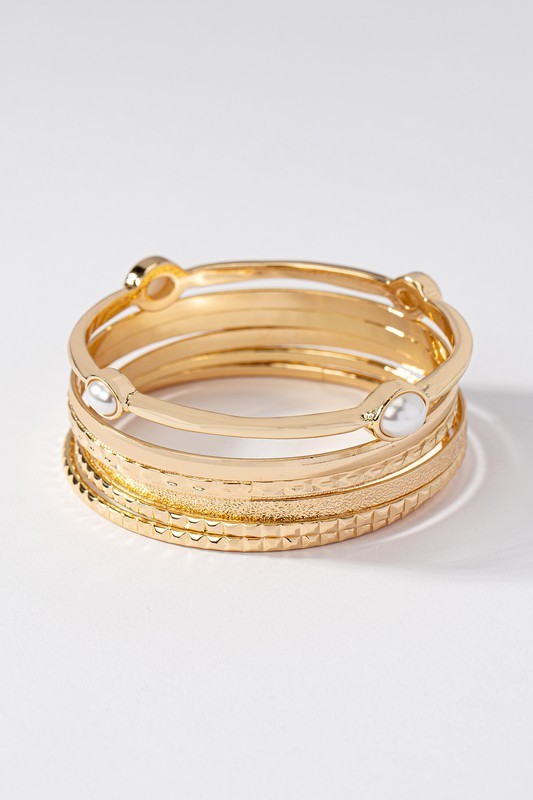 Gold 6-Pc Stackable Bangle Bracelet Set with Faux Pearl – Textured & Smooth gallery