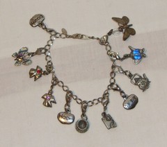 SILVER TONE CHAIN LINK BRACELET & 10 CHARMS – BUTTERFLY, TEAPOT, ANGELS +