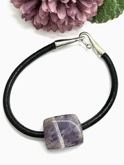 Amethyst Gemstone Bracelet Black Leather Cord Silver Tone Hook Clasp 8″