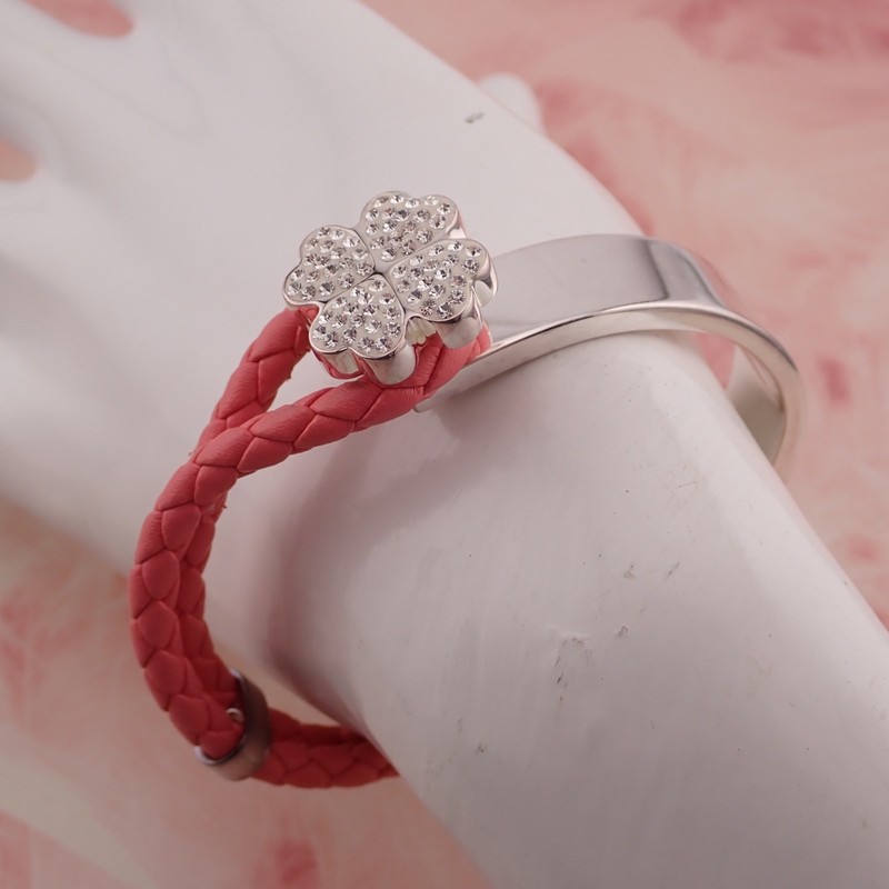 Folli Follie Pink Leather Crystal 4 Heart Silver Tone 6 1/2" Wrap Bracelet gallery