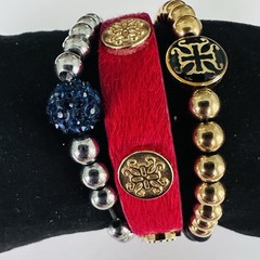 Rustic Cuff Layered Bracelet Set Red Hair On Hide Gold Bead Stretch Stack
