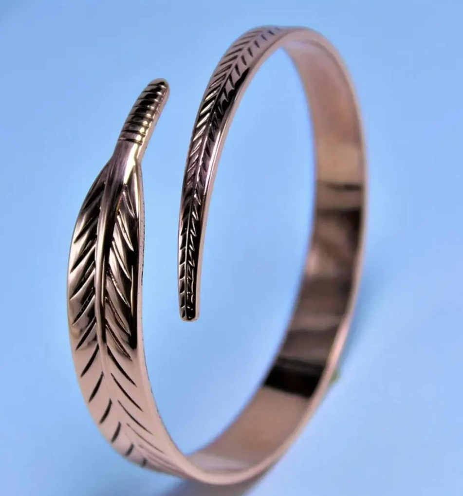 Pure Copper Feather Cuff Bracelet Adjustable Boho Open Bangle Nature Inspired gallery