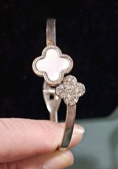 Beautiful Atterri Silver Double Clover Hinged Cuff Snap On Bangle Bracelet