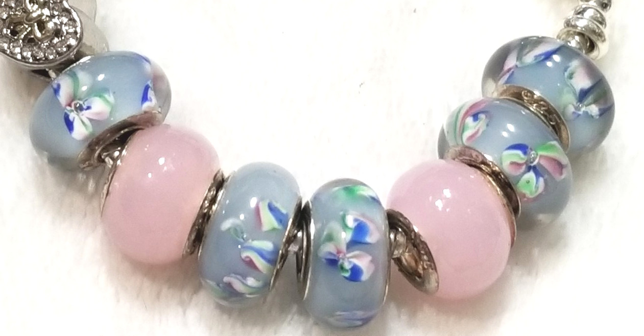 7.9" Heart Bow Slider Charm Flower Murano Lampwork Glass Beads Spacers Bracelet gallery