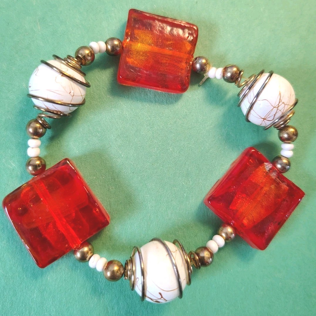 RED Colored Glass & CAGED Lucite Beaded Stretch Bracelet in Gold Tone gallery