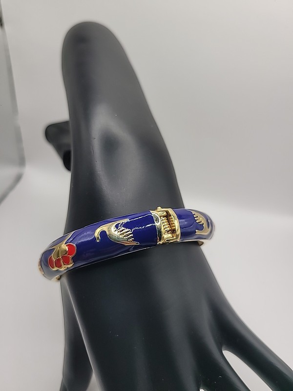 Vintage Blue Enamel Floral Hinged Bangle Bracelet Gold Tone Cloisonne' Style gallery