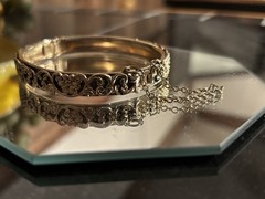 Vintage Goldtone Brass Costume Filigree Clamper Bangle Bracelet w/ Safety Chain