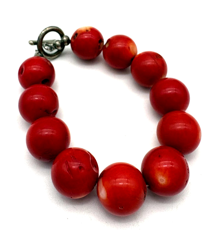 Chunky Red Beaded Statement Bracelet Art Pottery Toggle Clasp 8.5" gallery