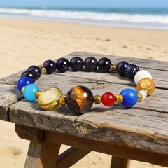 Solar System Stretch Bracelet Natural Blue Goldstone 8 Planets Guardian Jewelry