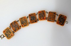 Bakelite Playing Card Bracelet Carved & Painted Butterscotch Poker Card Panels