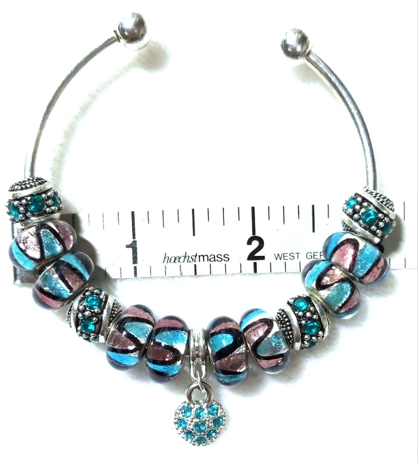 Heart Charm European Murano Lampwork Glass Beads Rhinestone Bangle Bracelet gallery