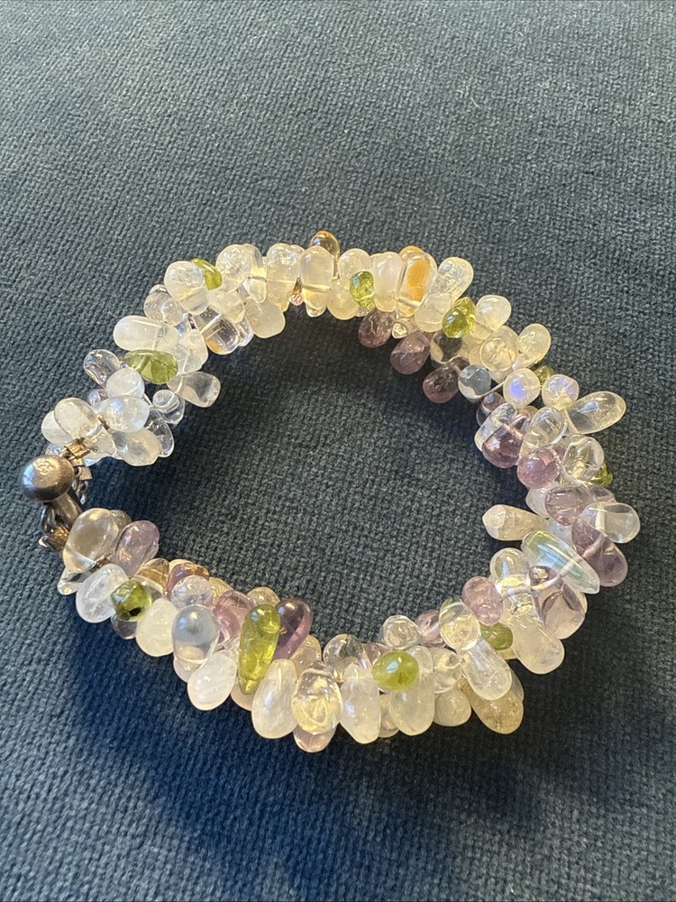 Gem Stone Bracelet 3 Strand Teardrop Moonstone Amethyst Crystal Size Small
