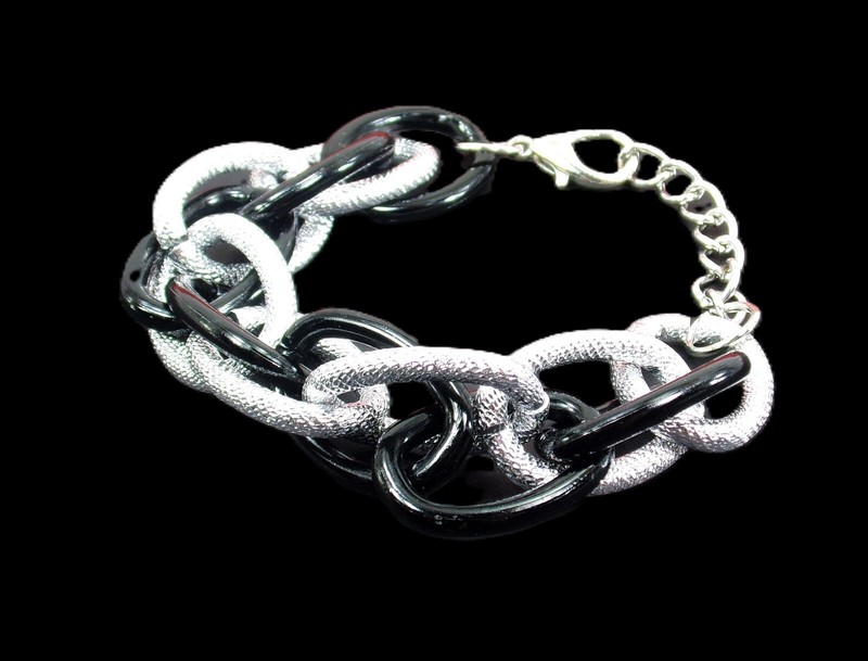 Black and silver link bracelet, textured links, shiny black links, 7 inches New gallery