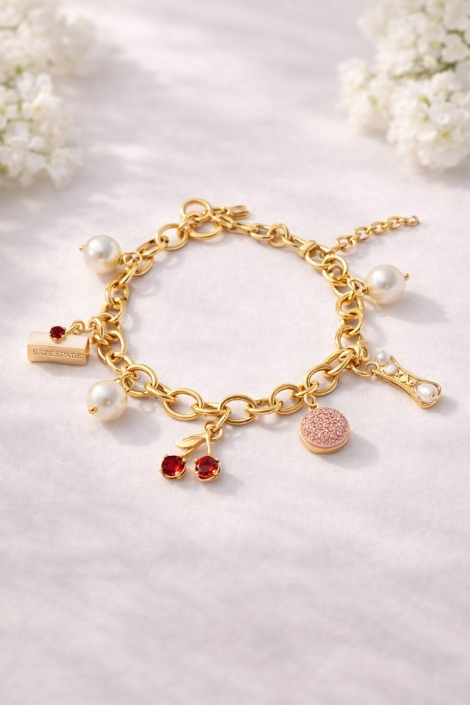 Kate Spade New York Pastry Shop Charm Bracelet Gold Tone NWT 7-9” Adjustable