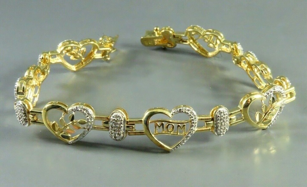 925 Silver Gold Finish Simulated Diamond Heart Mom Tennis Birthday Gift Bracelet