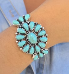 Turquoise Cuff Bracelet Western Boho Silvertone Jewelry Boho