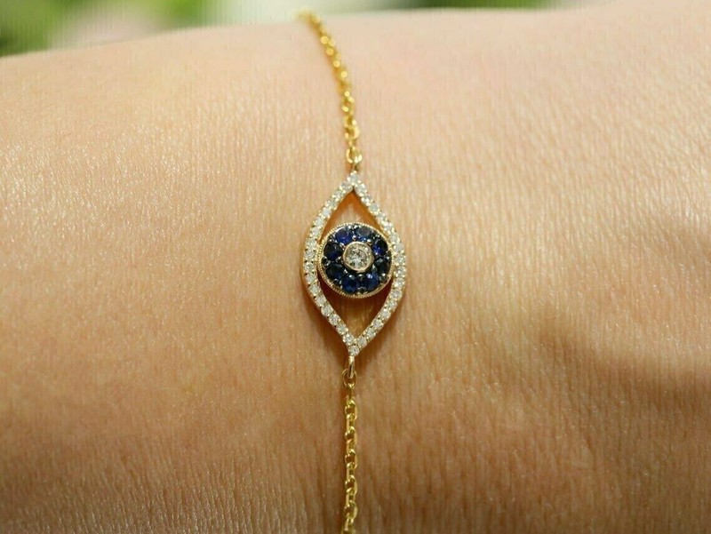 Round Simulated Blue Sapphire Evil Eye Women Bracelet In 14K Yellow Gold Plated gallery