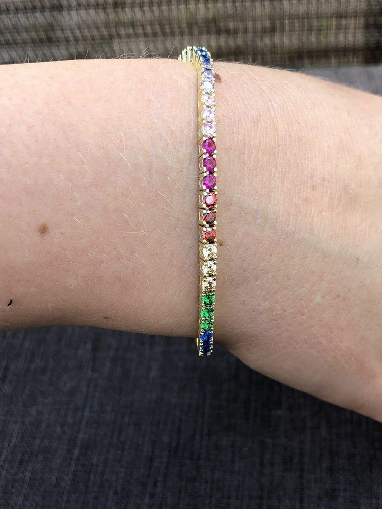 14k Over Solid 925 Sterling Silver 4mm Multicolor Rainbow CZ Tennis Bracelet 7”