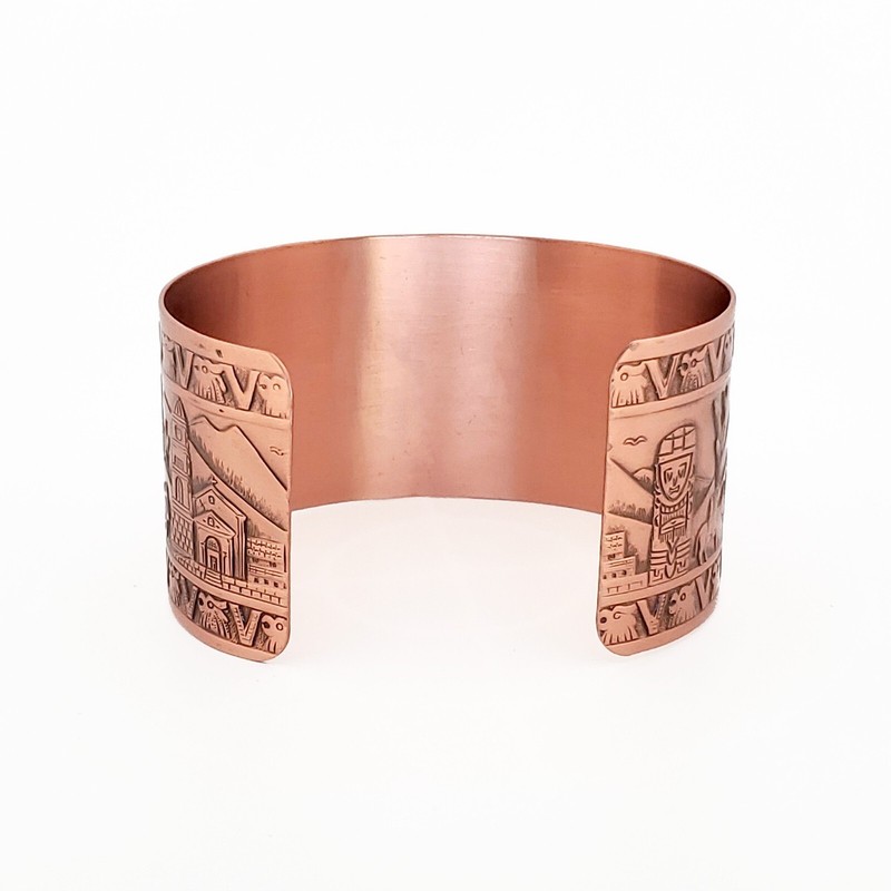 Solid Copper Adjustable Cuff Bracelet with Embossed Mexican Motif Antique Finish gallery