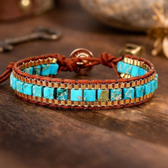 Natural Turquoise Leather Bracelet For Men Women Braided Boho Gemstone Jewelry