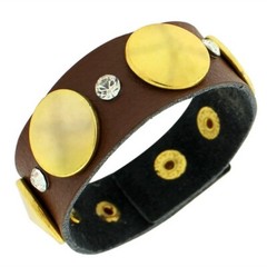 Faux Brown Leather Yellow Gold-Tone White CZ Wristband Wrap Bracelet