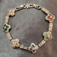 New 18k White Gold Plated Multicolor Crystal Flower Link Tennis Bracelet