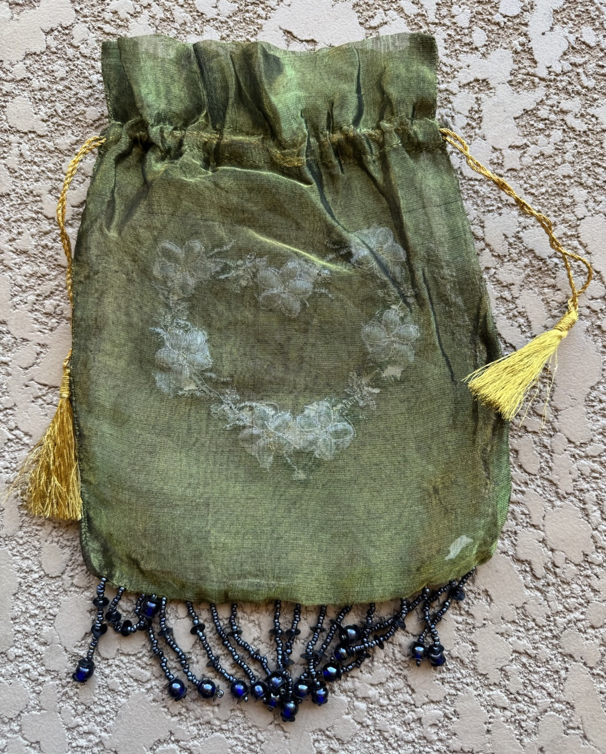 Intricate Beaded Olive Mesh Large Drawstring Jewelry Bag gallery