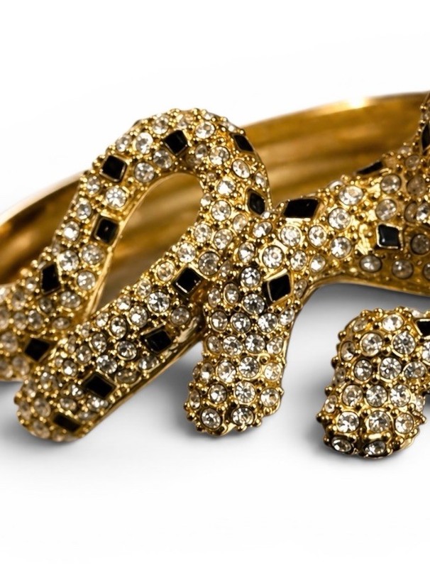 Vintage Leopard Panther Rhinestone Hinged Bangle Bracelet Gold Tone Black Enamel gallery