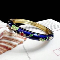Navy Blue Gilded Floral Cloisonne Enamel Bangle One Size