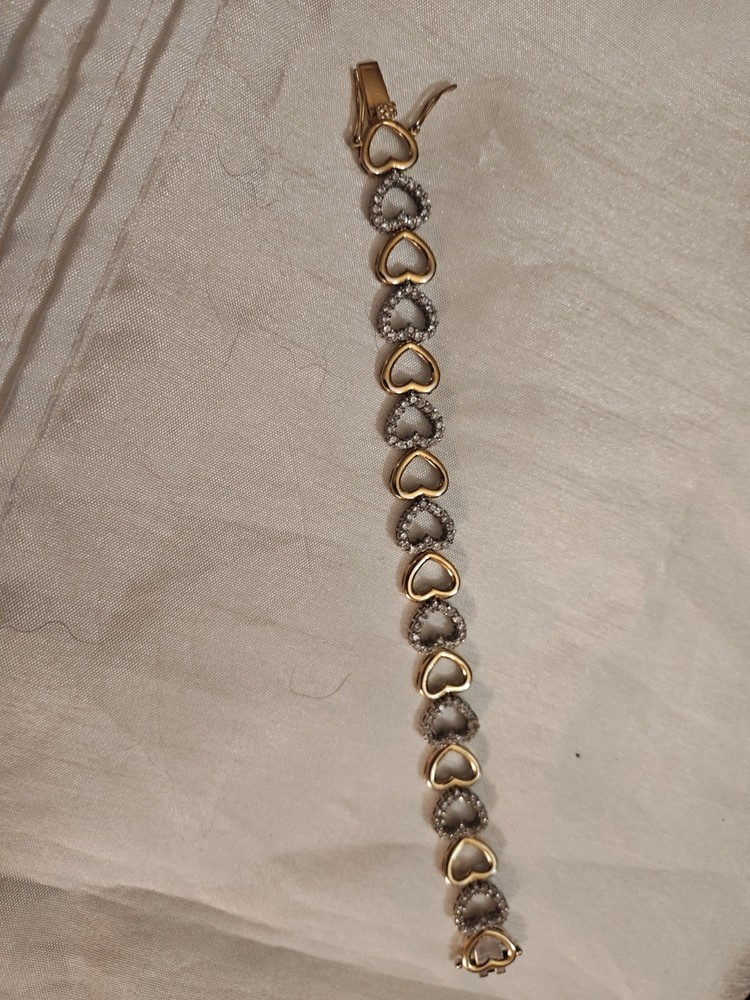 Sterling silver two tone heart cubic zirconia bracelet 7 1/2 " with gold overlay