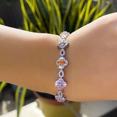 Colorful Flower Leaf CZ Tennis Bracelet Silver Plated Women Zircon Party Jewelry