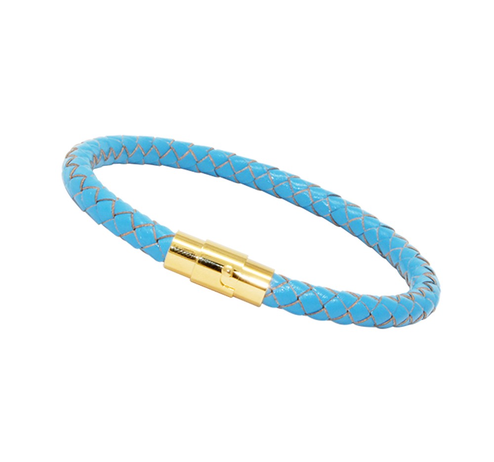 Unisex Men's Genuine Leather Stainless Steel Magnetic Clasp Bracelet Light Blue