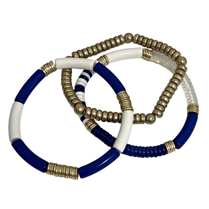 Set of 3 Stretch Bracelets Blue White Gold Tone Beaded Stack Boho gallery