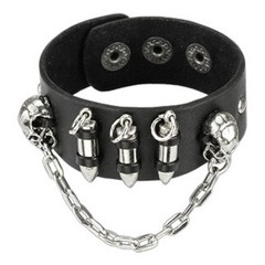 Biker Shack – Skulls and Bullets Snap Bracelet w chain – Biker Leather Wristband