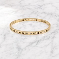 Gold Roman Numeral Bangle Bracelet Women CZ Crystal Stainless Steel Cuff Gift