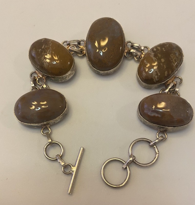 Silver Bezeled Polished Agate Linked Bohemian Bold Nature Earth Tone Bracelet gallery