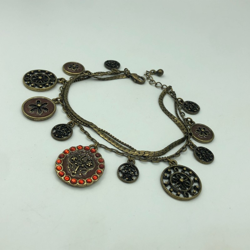 RETRO Bronze Tone & Red Sparkle Charm Bracelet Christmas Multi-Strand Christmas gallery