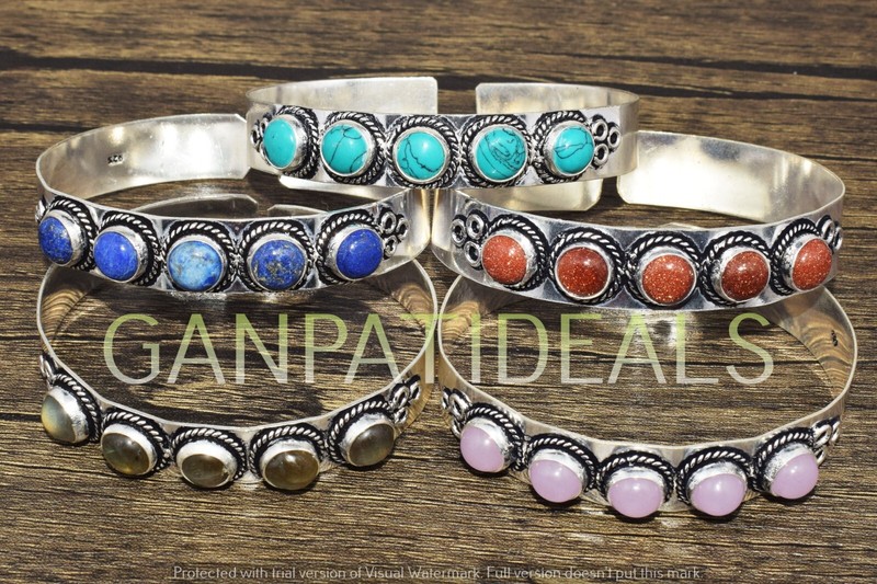 Turquoise & Mix Gemstone Wholesale 5pcs Lot 925 Silver Plated Cuff Bangle gallery