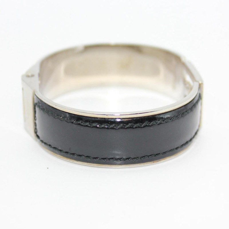 GUCCI G Cut Logo Bangle Bracelet Silver Tone Metal Black Patent Leather L19cm gallery