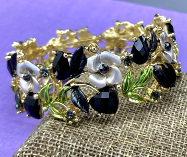 JOAN RIVERS BLACK SWARVOSKI CRYSTAL ENAMEL FLOWER MAGNETIC BRACELET NIB gallery