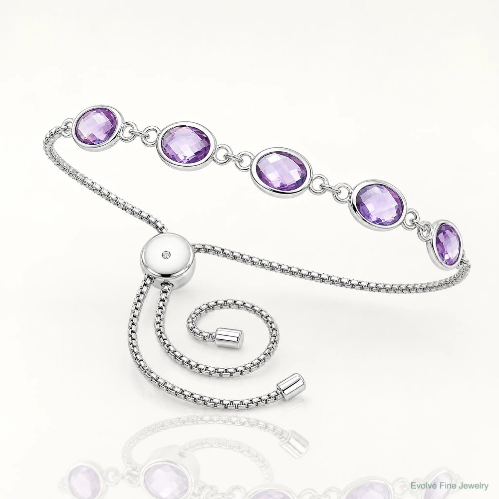 Sterling Silver SterlingSilver RH-Plated Amethyst 7.5AM & CZ Adjustable Bracelet