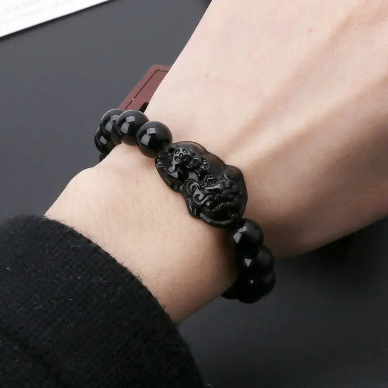 Pixiu Black Obsidian Stone Beads Bracelet Chinese Fengshui Good Luck Wealth For gallery