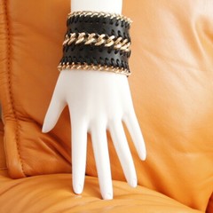 FASHION WIDE CUFF BRACELET L=8″ BLACK LEATHER GOLD CHAIN WRAP SNAP CLOSURE